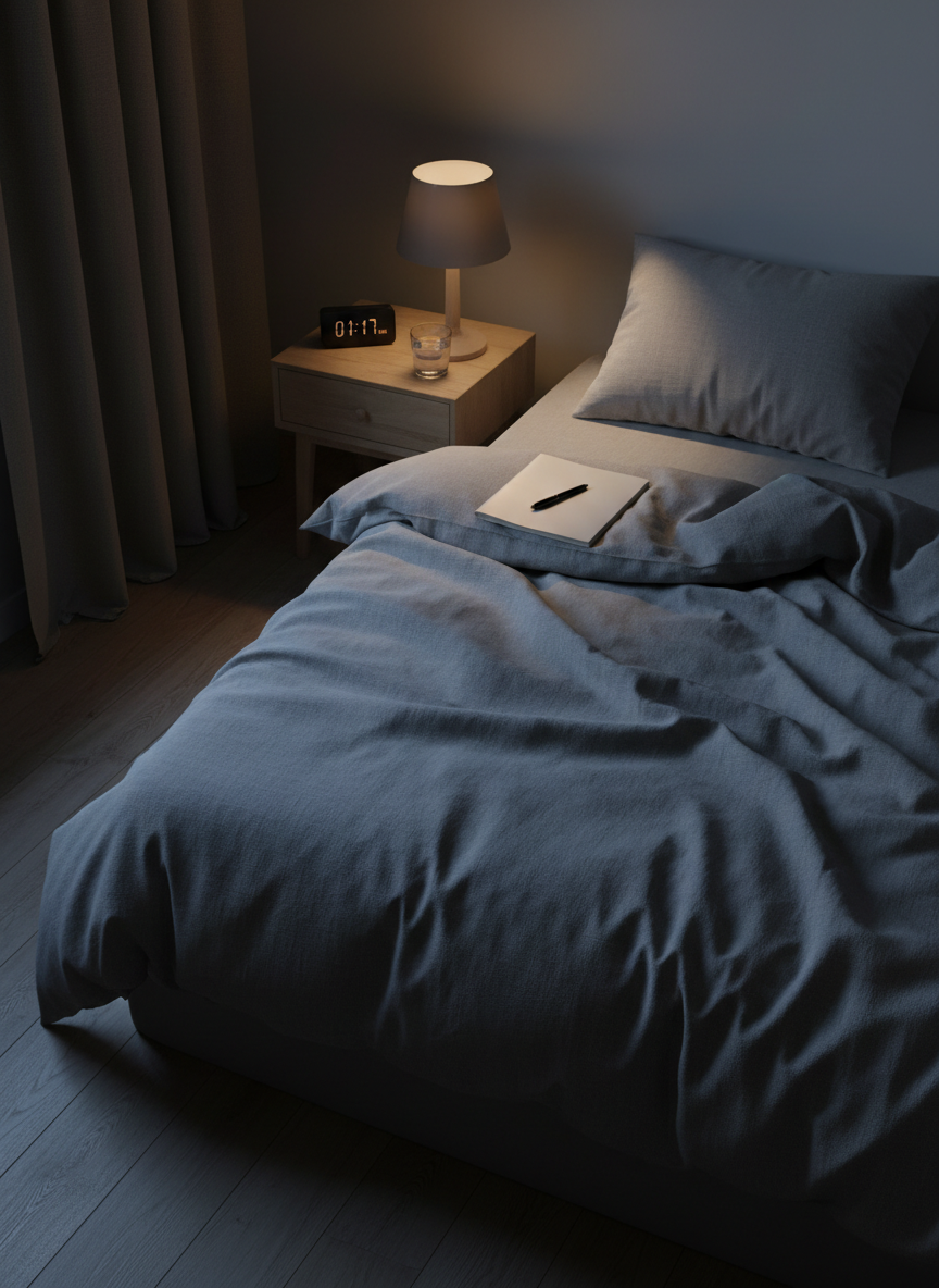 A neatly made, soft gray linen bed in a quiet bedroom at night, seen from an elevated angle, with a simple wooden nightstand holding a glass of water, a small digital alarm clock, and a closed notebook with a pen. A dim, warm bedside lamp casts a gentle pool of light over the rumpled top of the duvet, leaving the corners of the room in soft shadow. Through a partially open curtain, a hint of cool moonlight balances the scene. The photographic realism emphasizes subtle textures in the fabric and wood grain, creating a calm, reassuring atmosphere that suggests late-night worries about perimenopause gently settling down.