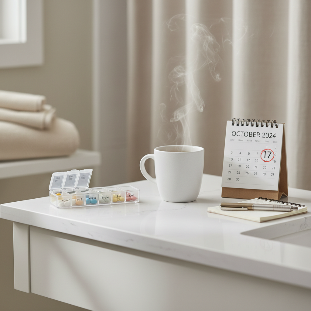 A clean, modern bathroom countertop with a neatly arranged collection of everyday self-care items: a sleek pill organizer, a simple white ceramic mug with herbal tea steam rising, a small calendar flipped to a circled date, and a compact notepad with a pen resting diagonally. The quartz counter reflects soft, diffused morning light from an unseen window, creating delicate highlights along the edges. In the blurred background, folded towels and a neutral shower curtain add warmth. Photographic realism, eye-level composition, and a shallow depth of field create a calm, organized mood, subtly evoking tracking perimenopause symptoms and getting clear answers.